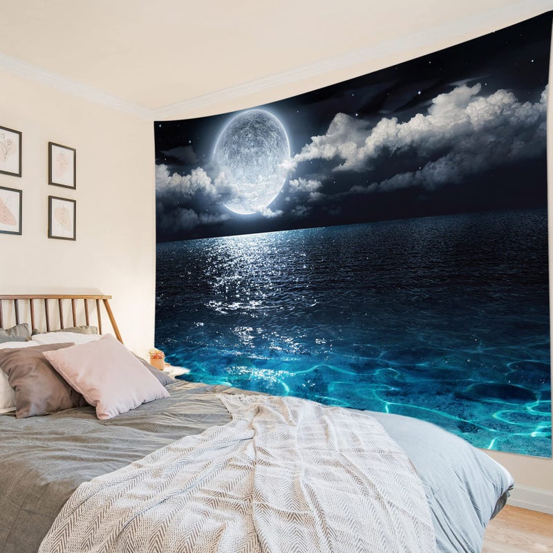 LB Moon Ocean Tapestry - Watercolor Blue Ocean and White Cloud Extra Large Wall Tapestry for Bedroom Starry Night Sky Wall Art for Bedroom Living Room Dorm Decor - 92.5Wx70.9H inches - Image 4